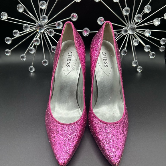 Guess Barbie Pink Pointed Toe Sequin 4” Silver Heel Shoes Size 9 - Picture 4 of 13